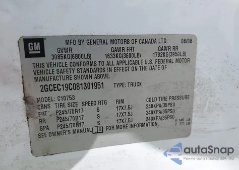 2008 Chevrolet Silverado 1500 Lt1 z USA, uszkodzony, nr VIN 2GCEC19C081301951